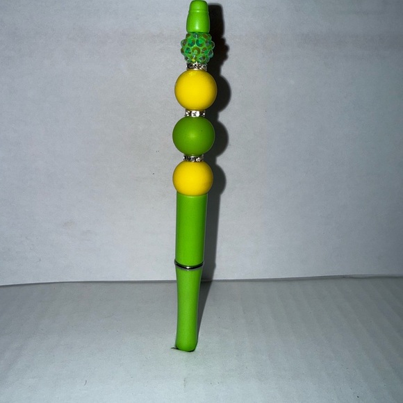 Handmade Beaded Pen- Vibrant Green and Yellow colored silicone and resin beads - Picture 1 of 2